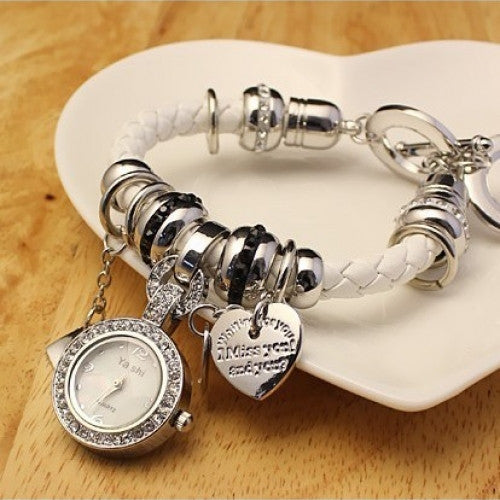 Weave Leather Strap Wrist Watch Heart Pendant